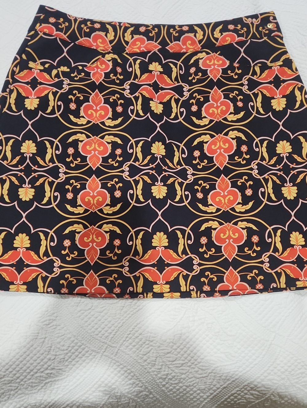 EP Pro Navy Blue Golf Mini Skirt with Orange and Gold Baroque Print